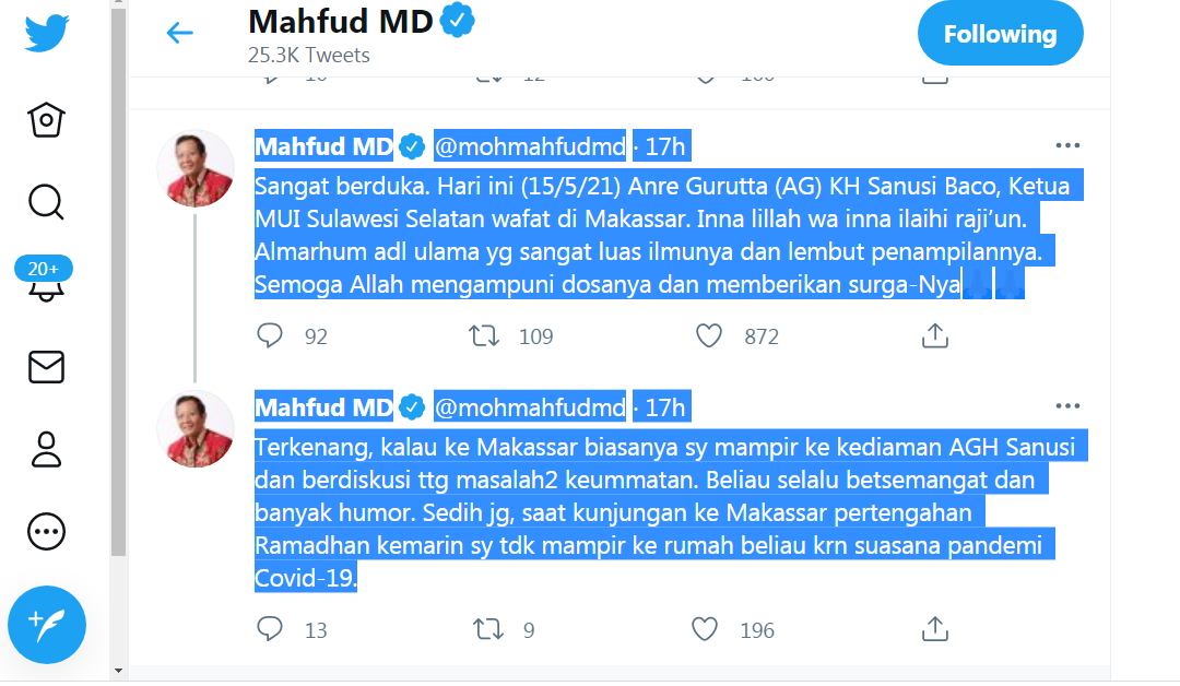 Selamat Jalan Untuk Selamanya, Menkopolhukam Mahfud MD Sampaikan Kabar Duka Meninggalnya  KH AGH Sanusi Baco