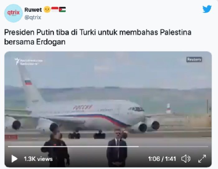 Beredar video kedatangan Presiden Rusia Putin ke Turki yang diklaim bakal membahas Palestina bersama Erdogan. /Twitter