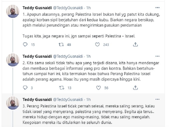 Teddy Gusnaidi minta pemerintah tarik bantuan dari Palestina.