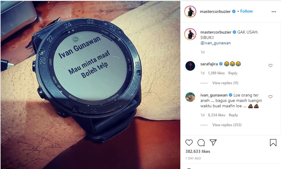 Deddy Corbuzier mengunggah sebuah foto jam tangan bertuliskan Ivan Gunawan yang mau meminta maaf.