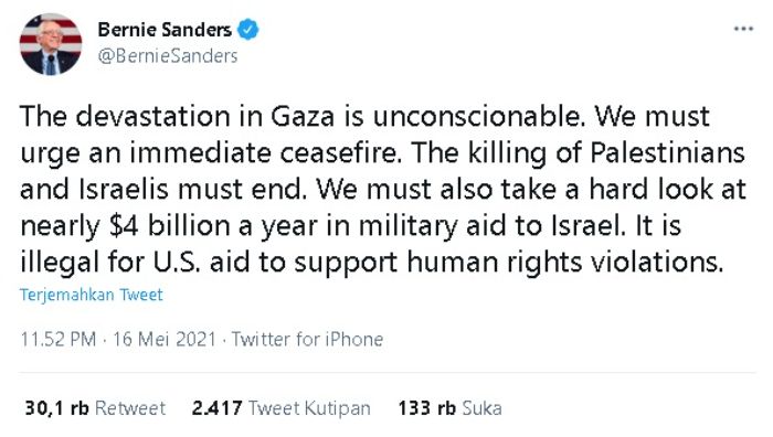 Tanggapan Bernie Sanders soal bantuan militer dari negaranya ke Israel.