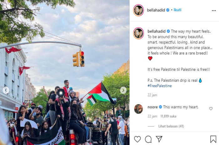 Unggahan Bella Hadid saat lakukan unjuk rasa dukung Palestina di New York.