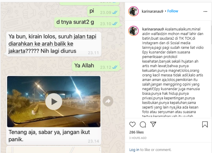 Karina Ranau mengklarifikasi video viral sang suami, Epy Kusnandar yang tersenyum saat terkena penyekatan saat akan ke Kota Garut.*