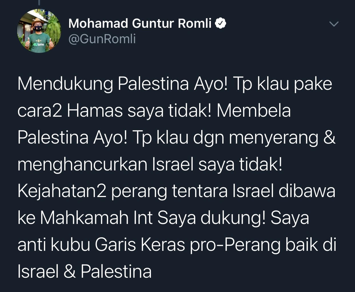 Cuitan Guntur Romli yang menyatakan dukungan terhadap Palestina.