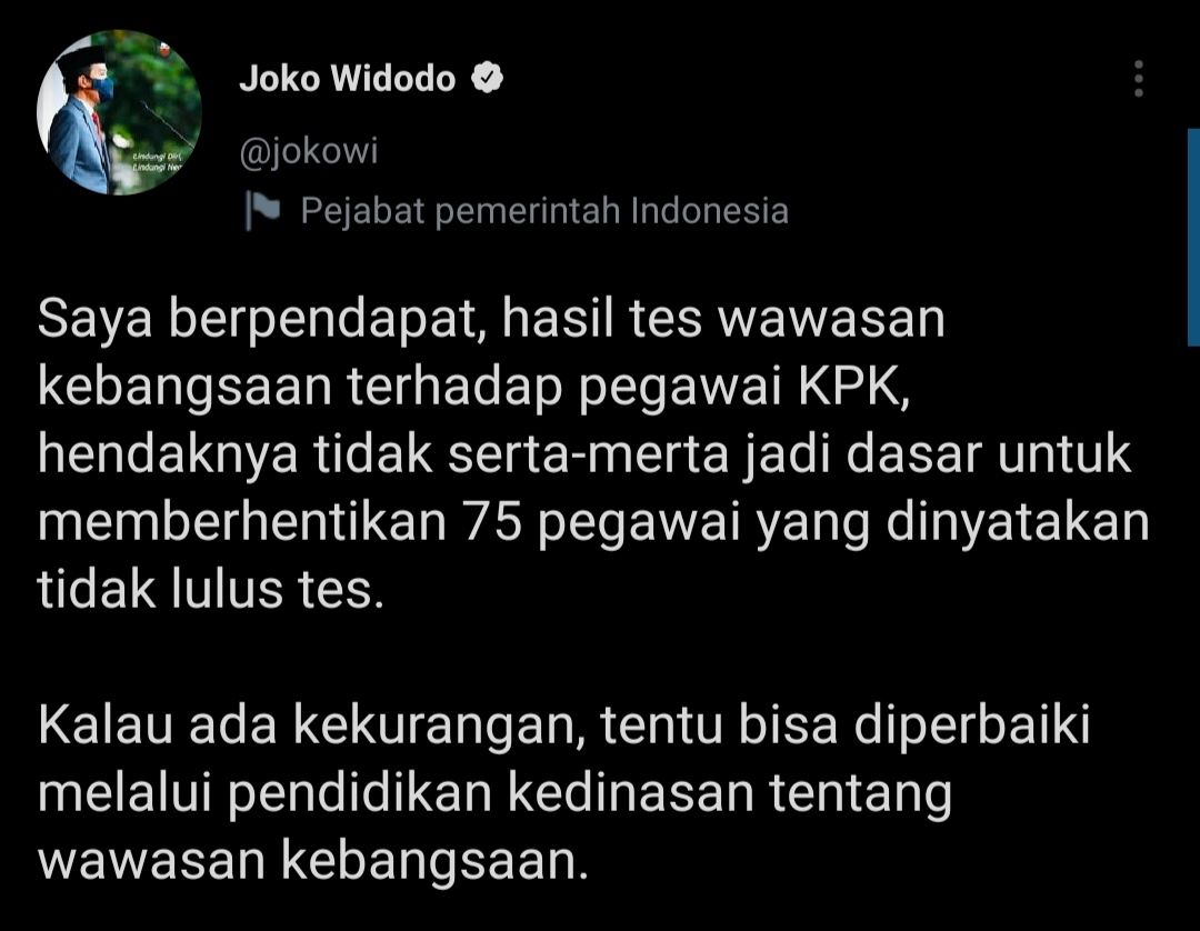 Cuitan Presiden Jokowi saat tanggapi 75 pegawai KPK yang dinyatakan tidak lulus TWK.