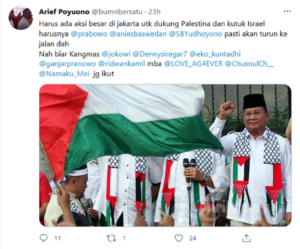 Unggah Foto Prabowo Subianto Bela Palestina, Arief Payuono: Nah Biar Ganjar, RK dan Jokowi Ikut Juga