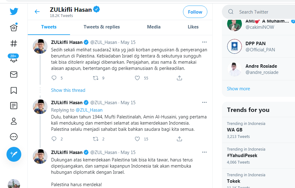 Ketua Umum PAN Zulkifli Hasan: Sampai Kapanpun Indonesia Tak Akan Buka Hubungan Diplomatik dengan Israel
