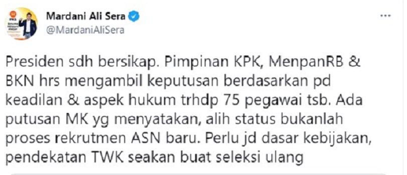 Mardani Ali Sera menanggapi pernyataan Presiden Jokowi yang tidak setuju 75 pegawai KPK dipecat usai dinyatakan tidak lulus TWK KPK.*