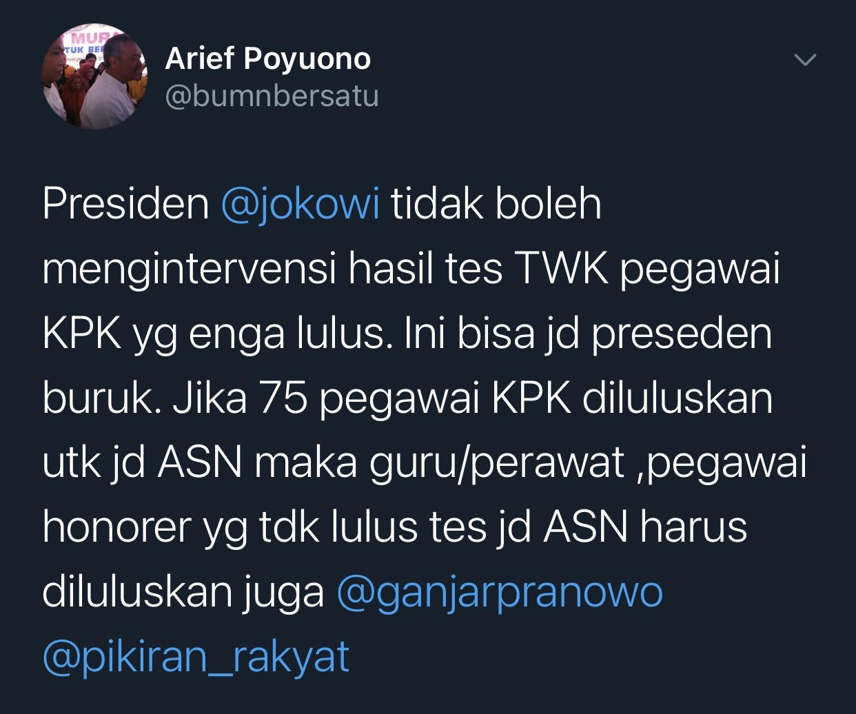 Cuitan Arief Poyuono yang merespons pernyataan Presiden Jokowi soal 75 pegawai yang diberhentikan karena tidak lolos TWK.