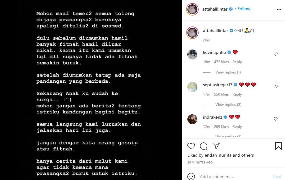 Atta Halilintar risau dengan komentar netizen setelah Aurel Hermansyah keguguran.