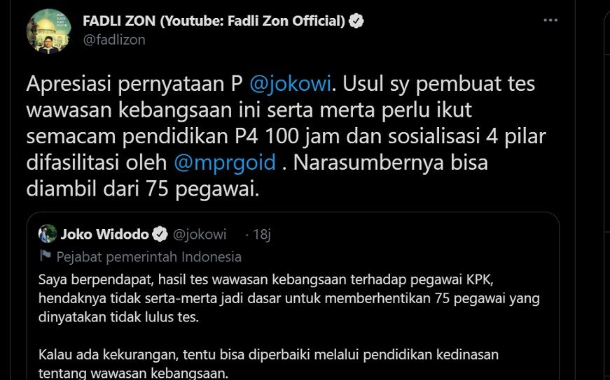 Tangkap Layar: Cuitan Fadli Zon mengapresiasi pernyataan Presiden Jokowi soal TWK KPK.*