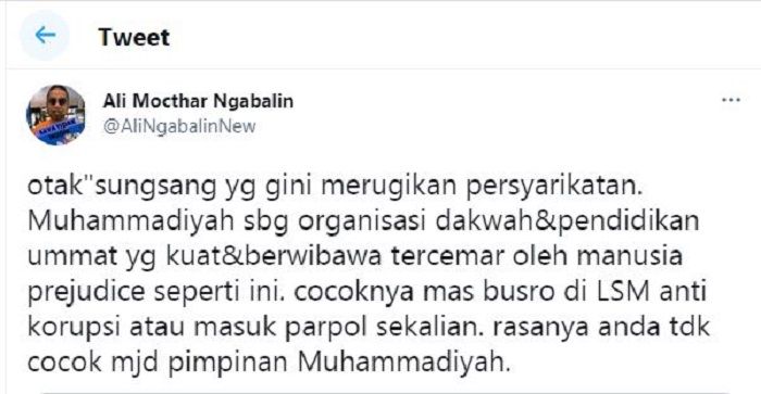 Saleh Partaonan Daulay menanggapi pernyataan Ali Mochtar Ngabalin yang menyebut Ketua PP Muhammadiyah, Busyro Muqoddas ‘berotak sungsang’.*