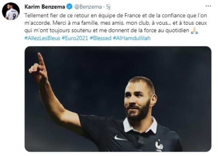 Kembali dipanggil pelatih Didier Deschamps untuk memperkuat Timnas Prancis, Karim Benzema berucap ‘Alhamdulillah’.