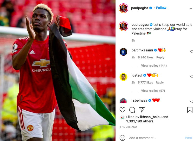 Tangkapan layar akun instagram Paul Pogba yang mengibarkan bendera Palestina usai pertandingan melawan Fulham di Old Trafford