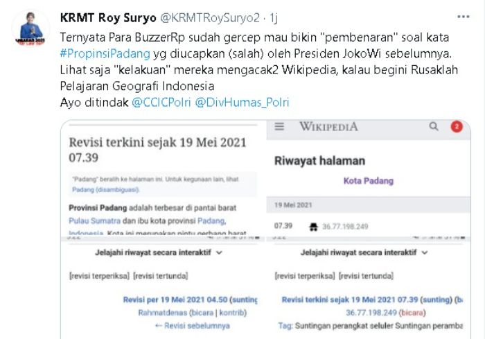 Cuitan Roy Suryo yang menampilkan perubahan Wikipedia Kota Padang yang dirubah menjadi Provinsi Padang setelah blunder Jokowi.