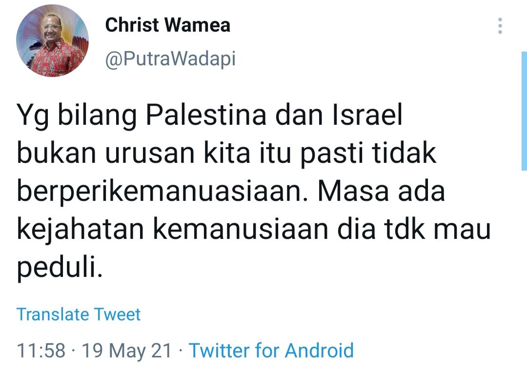 Tokoh Papua Christ Wamea mengomentari pernyataan AM Hendropriyono yang menyebut konflik Israel-Palestina bukan urusan Indonesia.