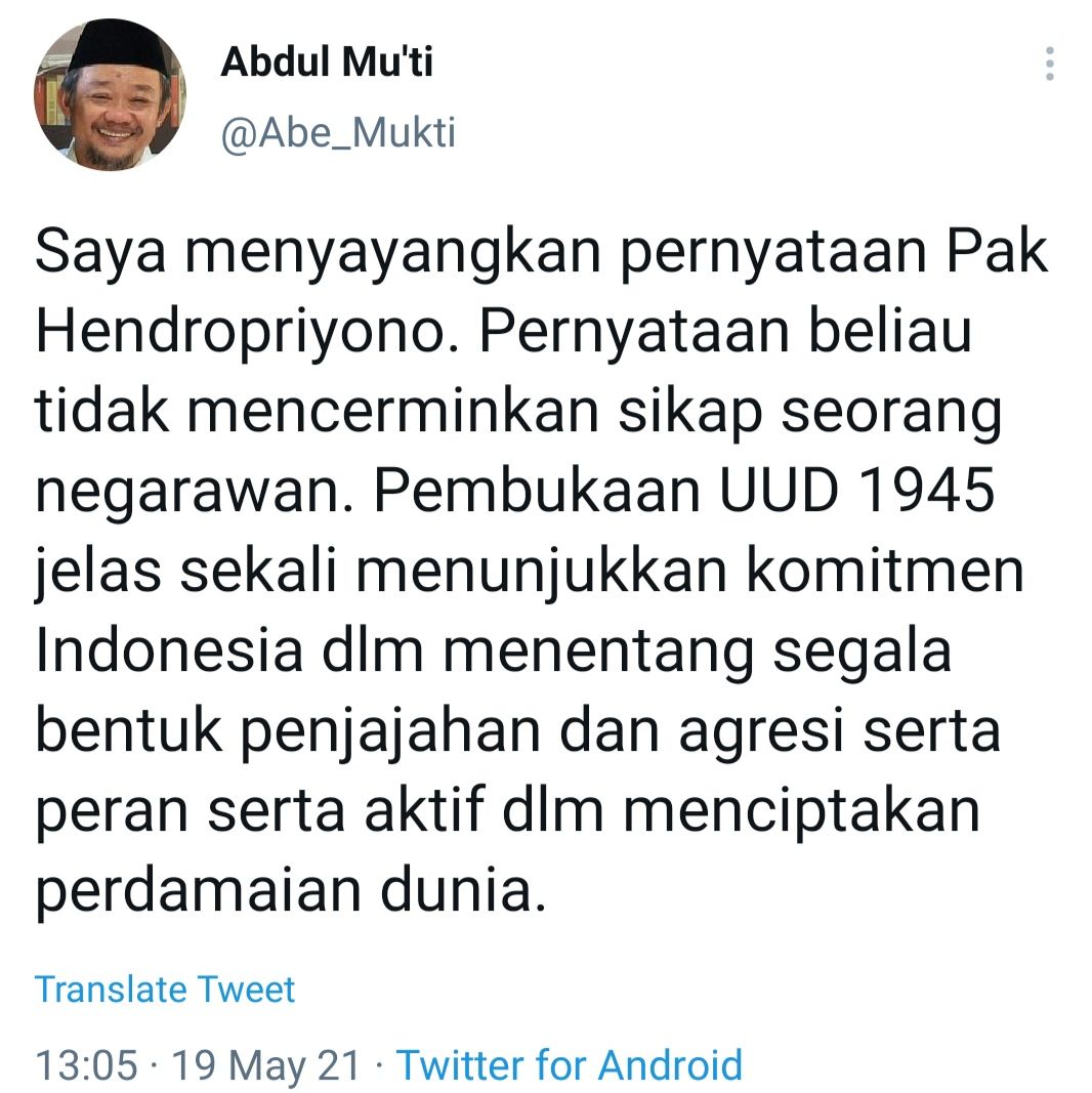 Sekretaris Umum PP Muhammadiyah, Abdul Mu'ti sayangkan ajakan Hendropriyono untuk hiraukan konflik Palestina-Israel