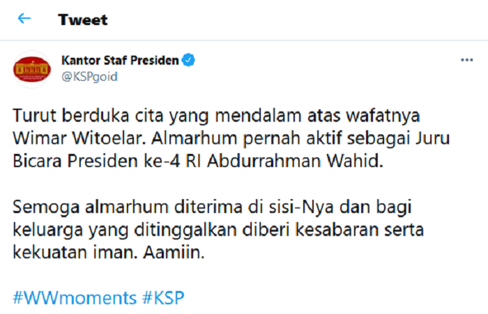 Hasil tangkap layar akun Twitter Kantoe Staf Presiden