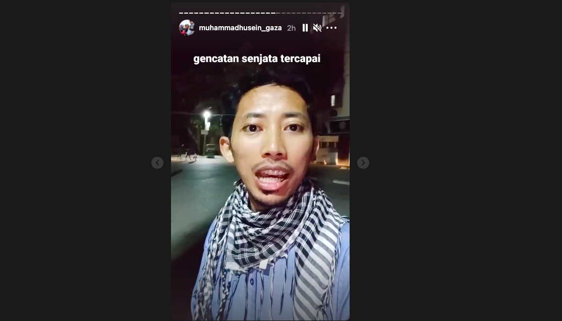 Tangkapan layar insta story aktivis kemanusiaan asal Indonesia Muhammad Husein di jalur Gaza, Palestina. Menurutnya suasana di jalur Gaza paska kesepakatan gencatan senjata Israel - Palestina seperti hari raya Idul Fitri