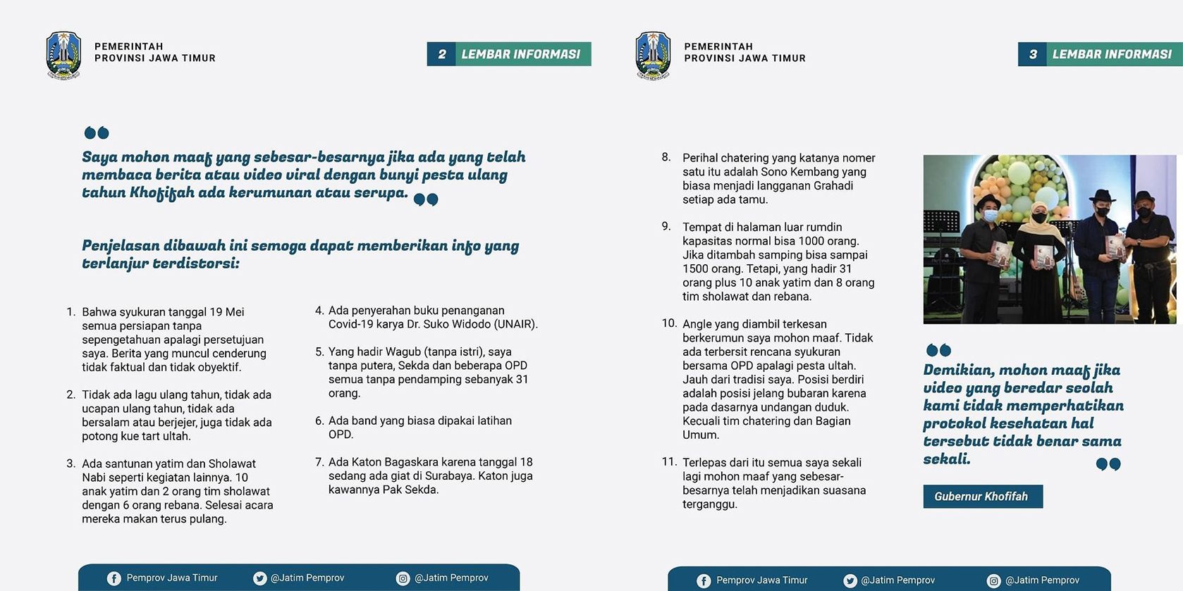 tangkapan layar klarifikasi Gubernur Jawa Timur Khofifah Indar Parawasa pada Instagram @kominfojatim