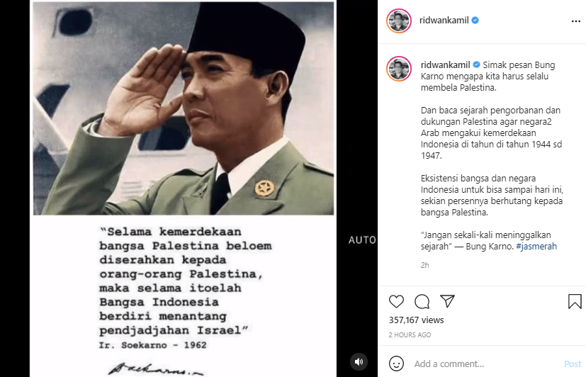 Gubernur Jawa Barat Ridwan Kamil berpesan pada rakyat Indonesia untuk selalu mendukung Palestina.