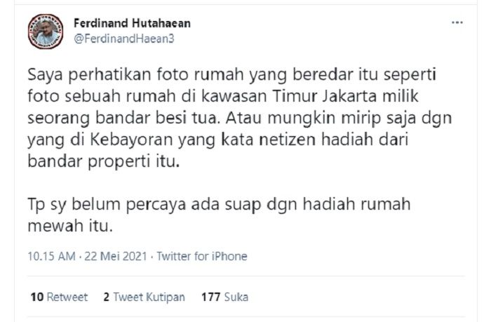 Cuitan Ferdinand Hutahaean./Twitter.com