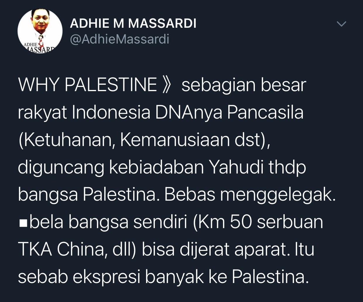 Cuitan Adhie Massardi yang mengungkapkan alasan rakyat Indonesia turut membela Palestina.
