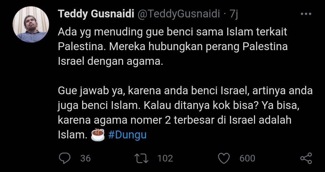 Tangkapan layar cuitan Teddy Gusnaidi soal dirinya yang dituduh membenci Islam./