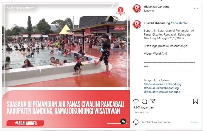 Postingan video suasana ramainya pengunjung pemandian air panas di Ciwalini, Rancabali, Kabupaten Bandung, Minggu, 23 Mei 2021./Instagram.com/@adalahkabbandung