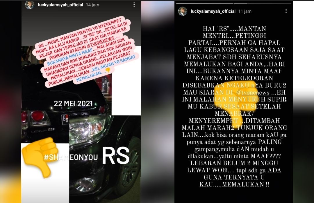 Aktor Lucky Alamsyah meniliskan kekesalannya lantaran mobilnya diserempet mantan menteri