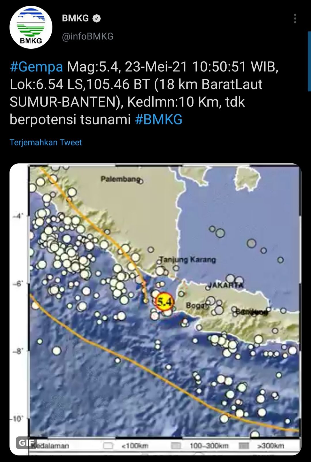 Cuitan BMKG yang mengabarkan terjadinya gempa bumi di Sumur Banten pada Minggu, 23 Mei 2021 pukul 10.50 WIB.