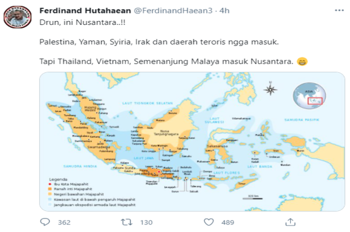 Unggahan Ferdinand Hutahaean yang menyebut Thailand masuk Nusantara.