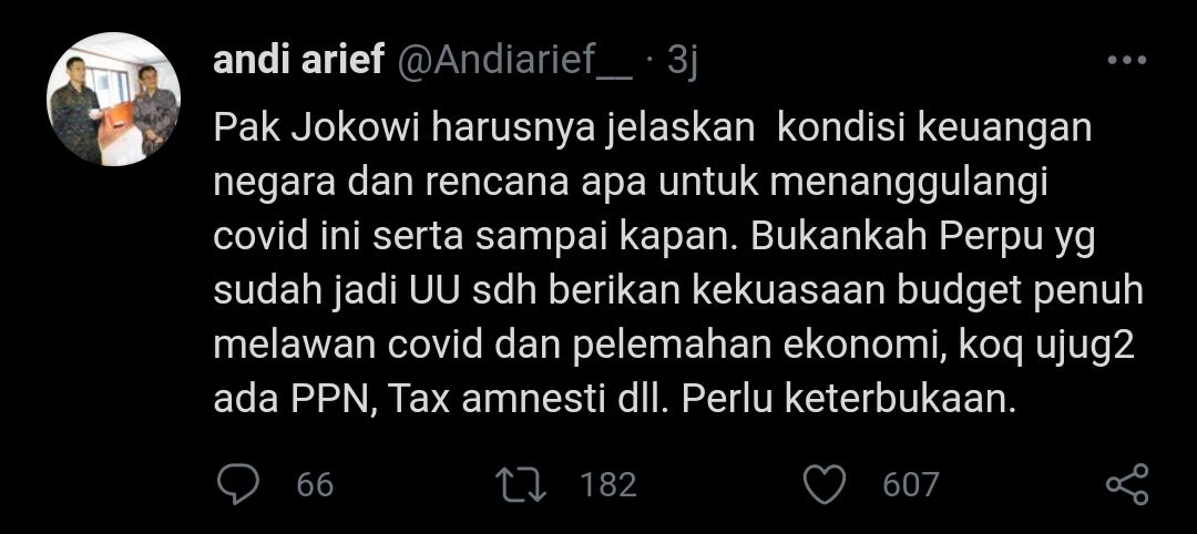 Tangkapan layar cuitan Andi Arief yang mendesak Jokowi untuk terbuka soal kondisi keuangan negara./