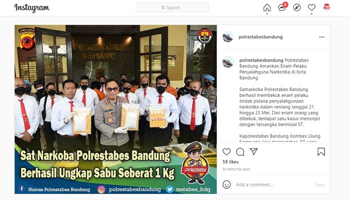 Ekspose kasus penyalahgunaan narkoba oleh Polrestabes Bandung, Kapolrestabes Bandung Kombes Ulung Sampurna Jaya hari ini Senin 24 Mei 2021, polisi sita 1 kiligram sabu 