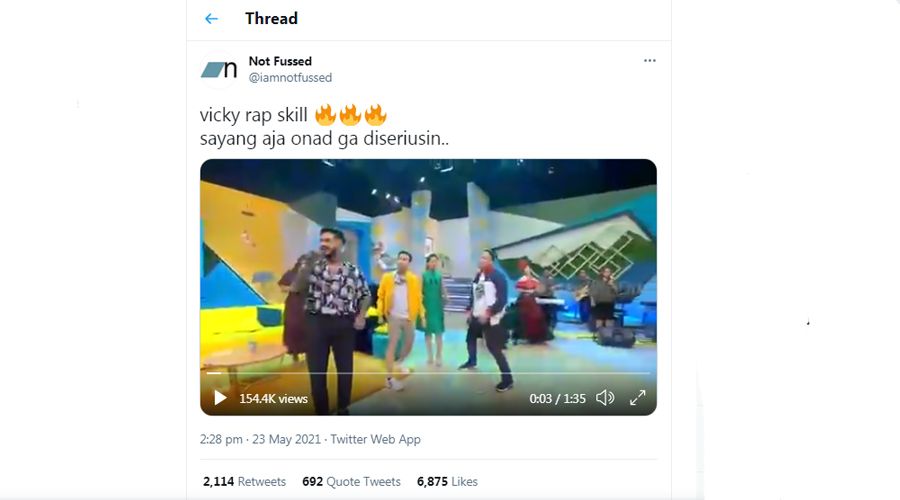 tangkapan layar pengguna Twitter yang memposting kemampuan rap dari Vicky Prasetyo