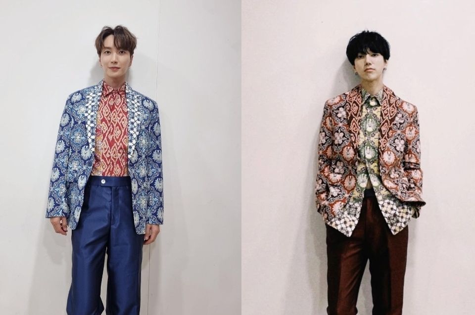 Leeteuk dan Yesung Super Junior memekai baju batik Jawa Barat rancangan Ridwan Kamil