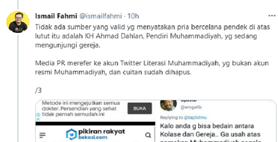 Penelusuran pendiri drone emprit mengenai foto KH Ahmad Dahlan dengan bercelana pendek berkunjung ke Kolase Xaverius untuk menemui Romo Van Lith sebagai hoaks.