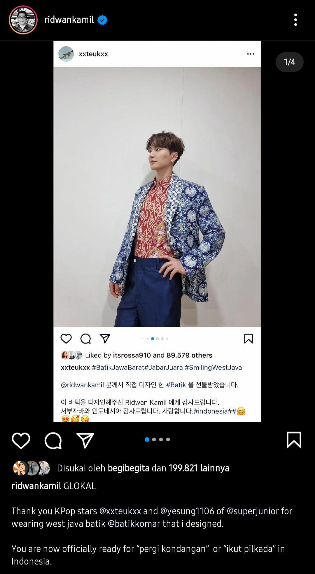 Unggahan Ridwan Kamil yang mengucapkan terima kasih kepada Leteeuk dan Yesung Super Junior bersedia kenakan batik Indonesia hasil rancangannya.