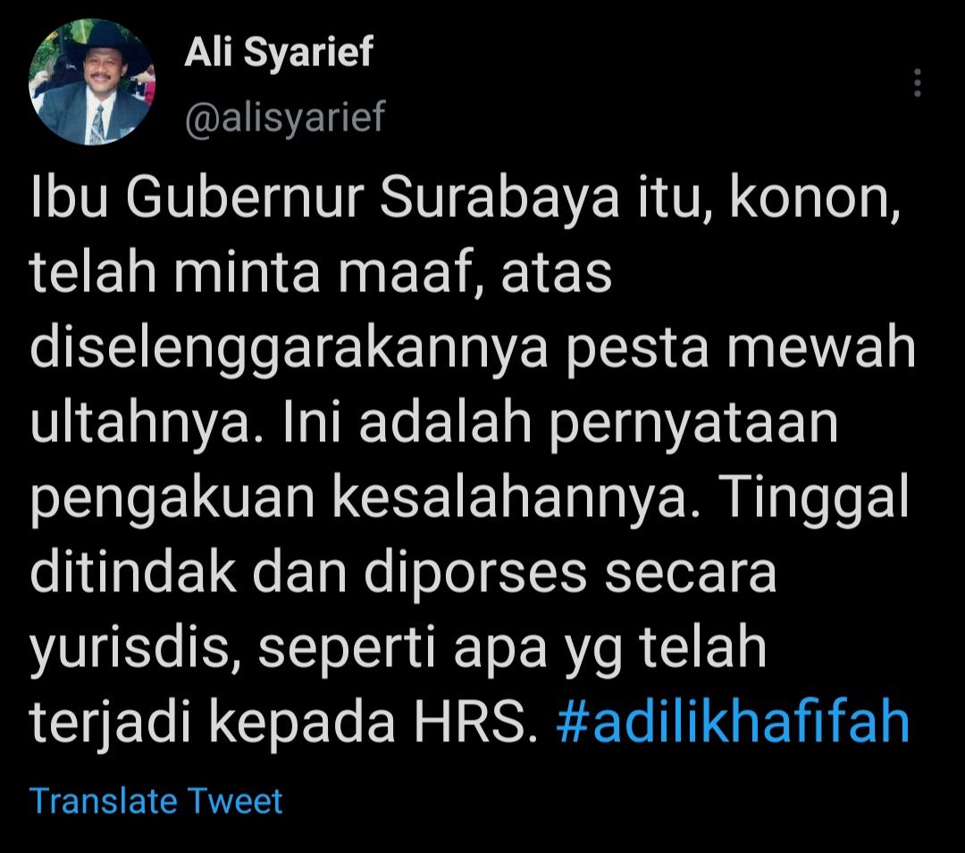 Cuitan Ali Syarief merespons permintaan maaf Gubernur Jatim, Khofifah Indar Parawansa.