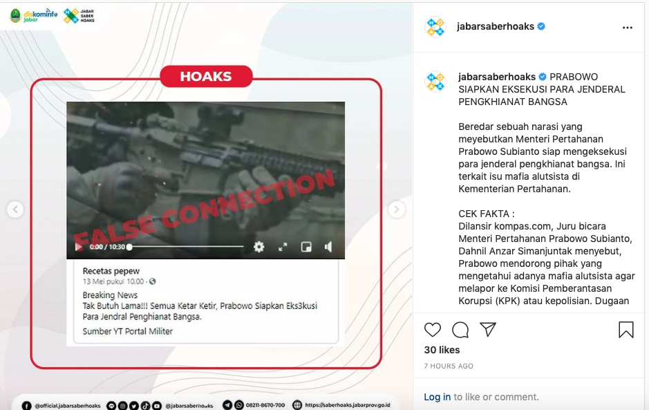 Hoaks Prabowo siap eksekusi para jenderal pengkhianat Bangsa. /Instagram/Jabar Saber Hoaks