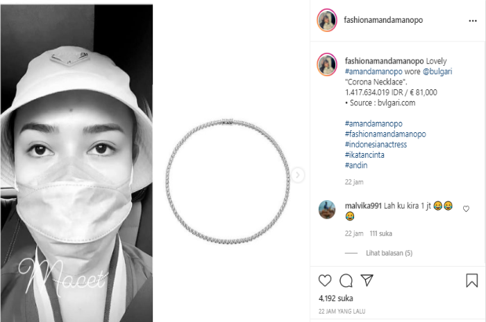Unggahan akun Instagram @fashionamandamanopo yang mengungkap harga kalung yang dikenakan Amanda Manopo.