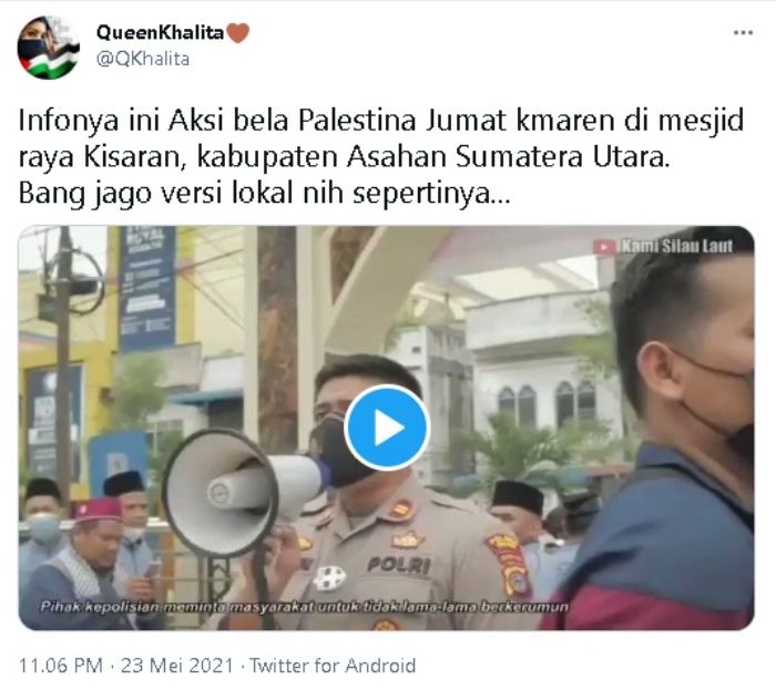 Tangkapan layar video viral polisi yang usir aksi bela Palestina di Masjid Raya Kisaran.