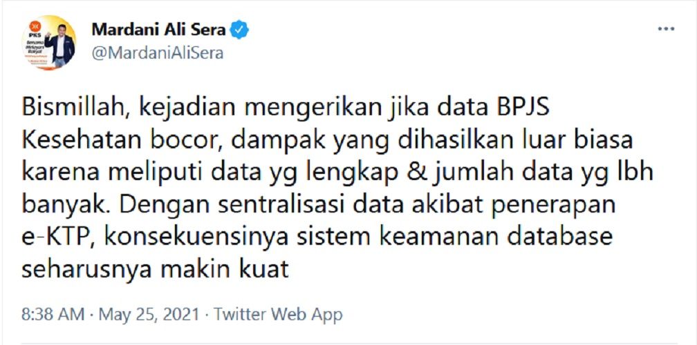 Soal 279 Juta Data Penduduk Bocor, Mardani Ali Sera: ini Cermin Lemahnya Perlindungan Data Pribadi