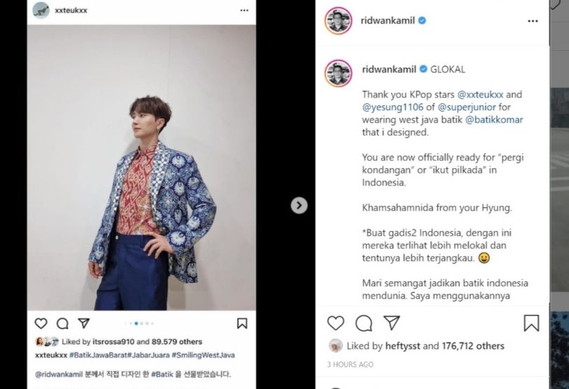Tangkap layar foto desain batik khas Jawa Barat oleh Gubernur Jawa Barat, Ridwan Kamil yang dipakai personil K-POP Super Junior, Leetuk dan Yesung