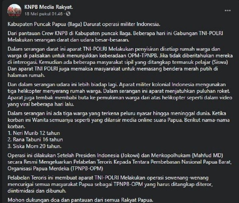 tangkapan layar akun facebook KNPB Media Rakyat artikel berisi informasi hoax mengklaim TNI-Polri melakukan penembakan 