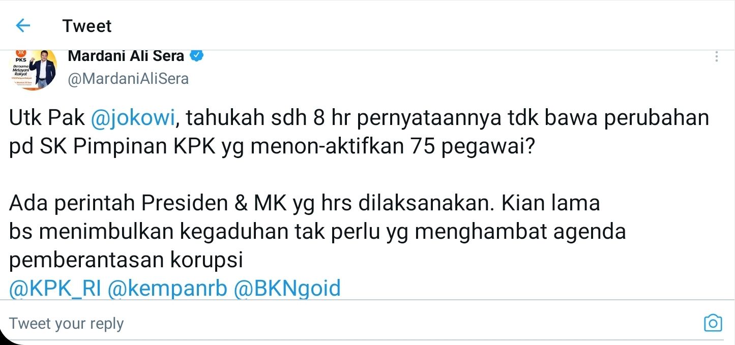 Mardani Ali Sera mempertanyakan sikap KPK yang dinilai tidak menggubris pernyataan Presiden Jokowi soal 75 pegawai KPK yang dinonaktifkan.*