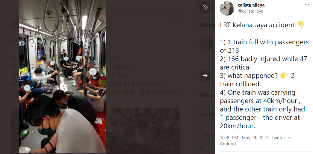 Salah satu unggahan di Twitter menunjukkan situasi dalam LRT usai kecelakaan.