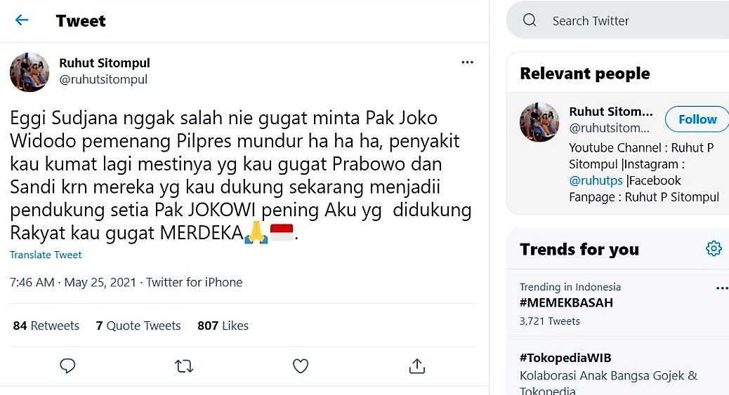 Cuitan Ruhut Sitompul di Twitter tanggapi Eggi Sudjana yang minta Jokowi mundur