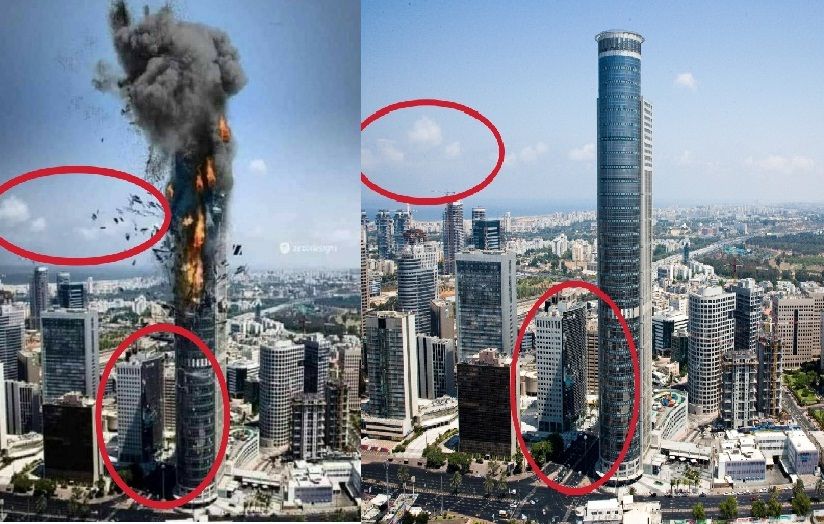 Perbandingan gambar hoask menara Tel Aviv di Israel (kiri) dengan gambar menara asli (kiri).