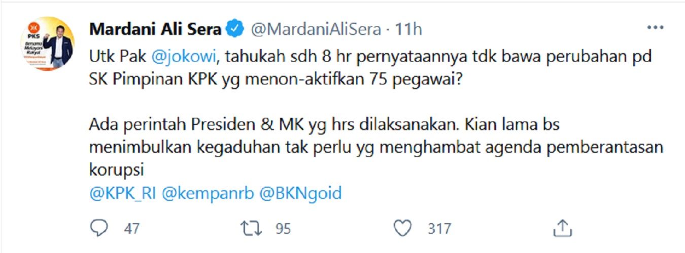 Ingatkan Jokowi soal Nasib 75 Pegawai KPK, Mardani Ali Sera: Pernyataannya Tak Bawa Perubahan